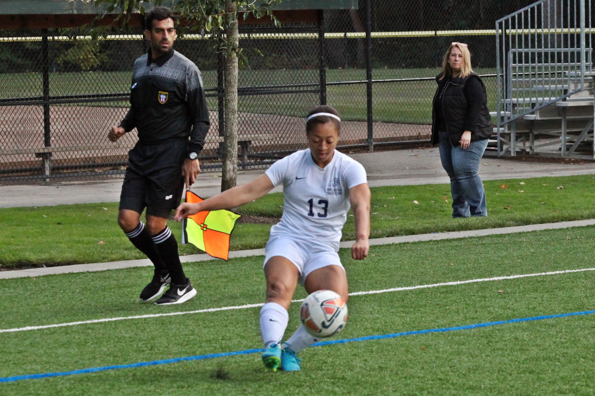 A BC player stops the ball in the corner