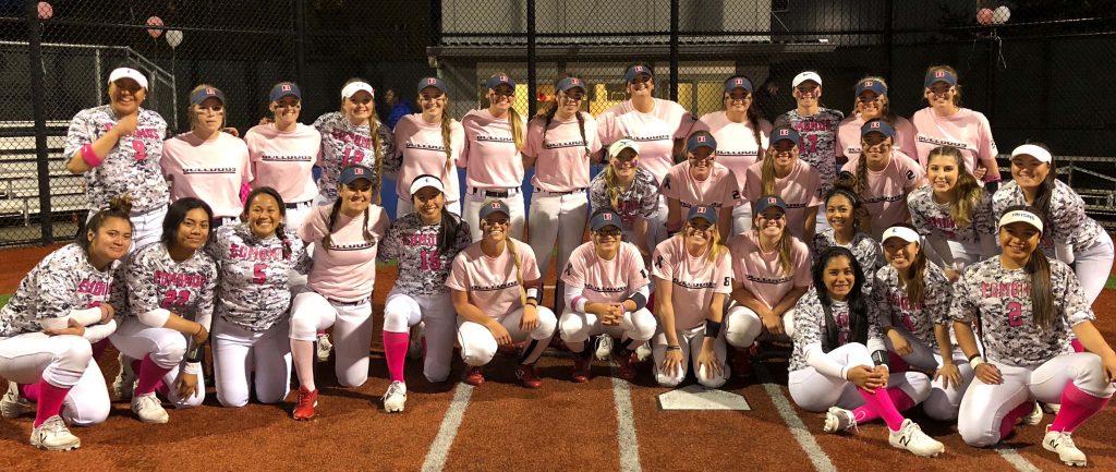 Bellevue College and Edmonds College softball teams pose together