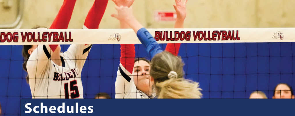 Schedules banner image featuring volleyball players at the net