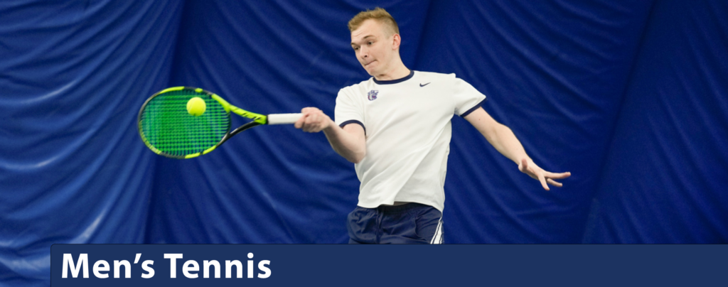 Men's tennis banner image showing a male student swinging through while showing intense concentration