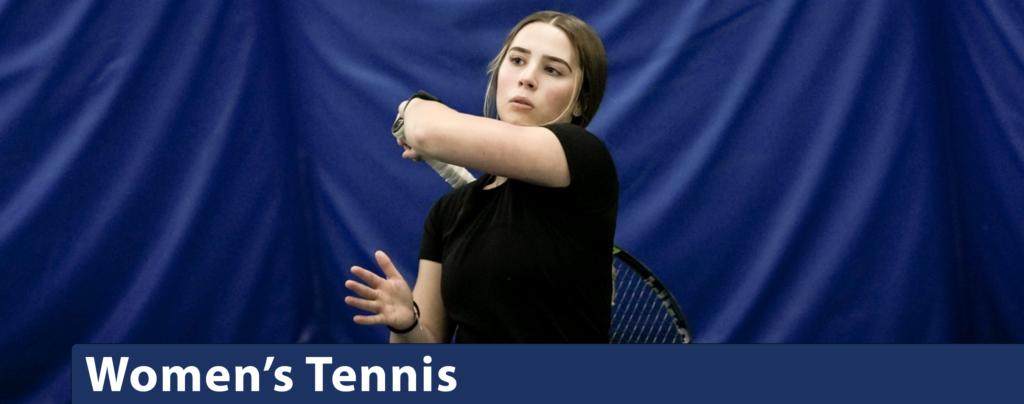 Women's tennis banner image of a solo player on the followthrough to her swing.