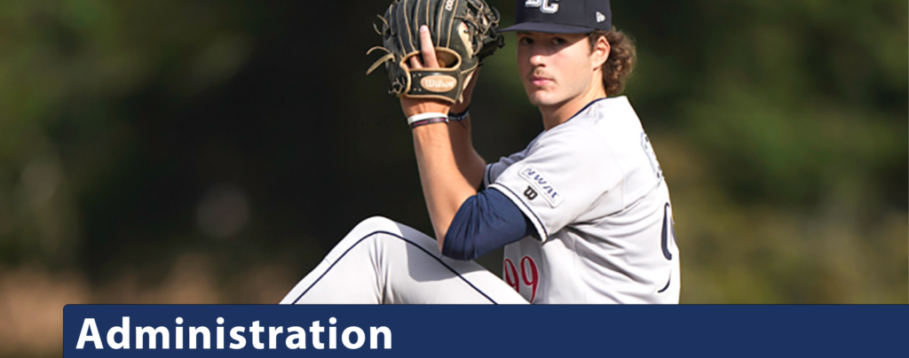 Administration banner featuring a Bellevue baseball player.