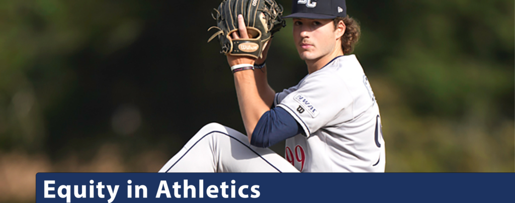 Equity in Athletics banner featuring a Bellevue baseball player.