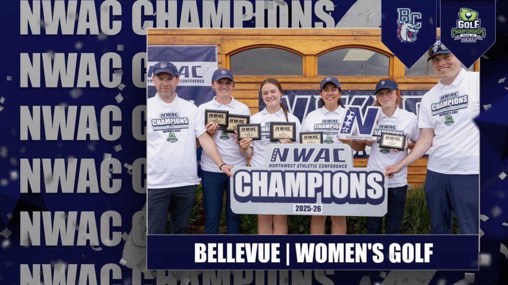 Golf team members with their various NWAC Champions trophies.