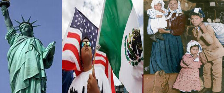 collage of statue of liberty picture and man holding flags