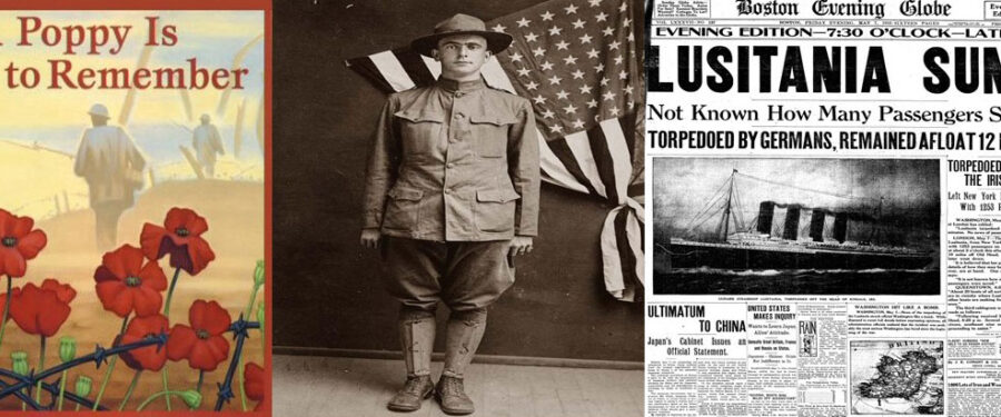 picture of a world war one soldier, a world war one songbook, and a newspaper