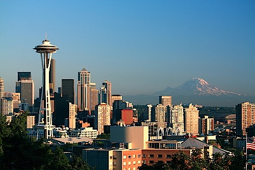 This is a photograph of downtown Seattle and Mount Ranier in the background.