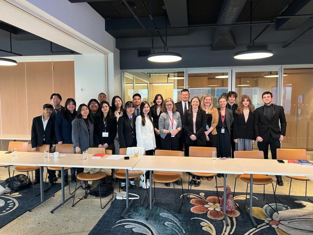 A group photo of the Bellevue College delegations and their advisors with Ambassador Merete Fjeld Brattested, Norway's Permanent Representative to the United Nations