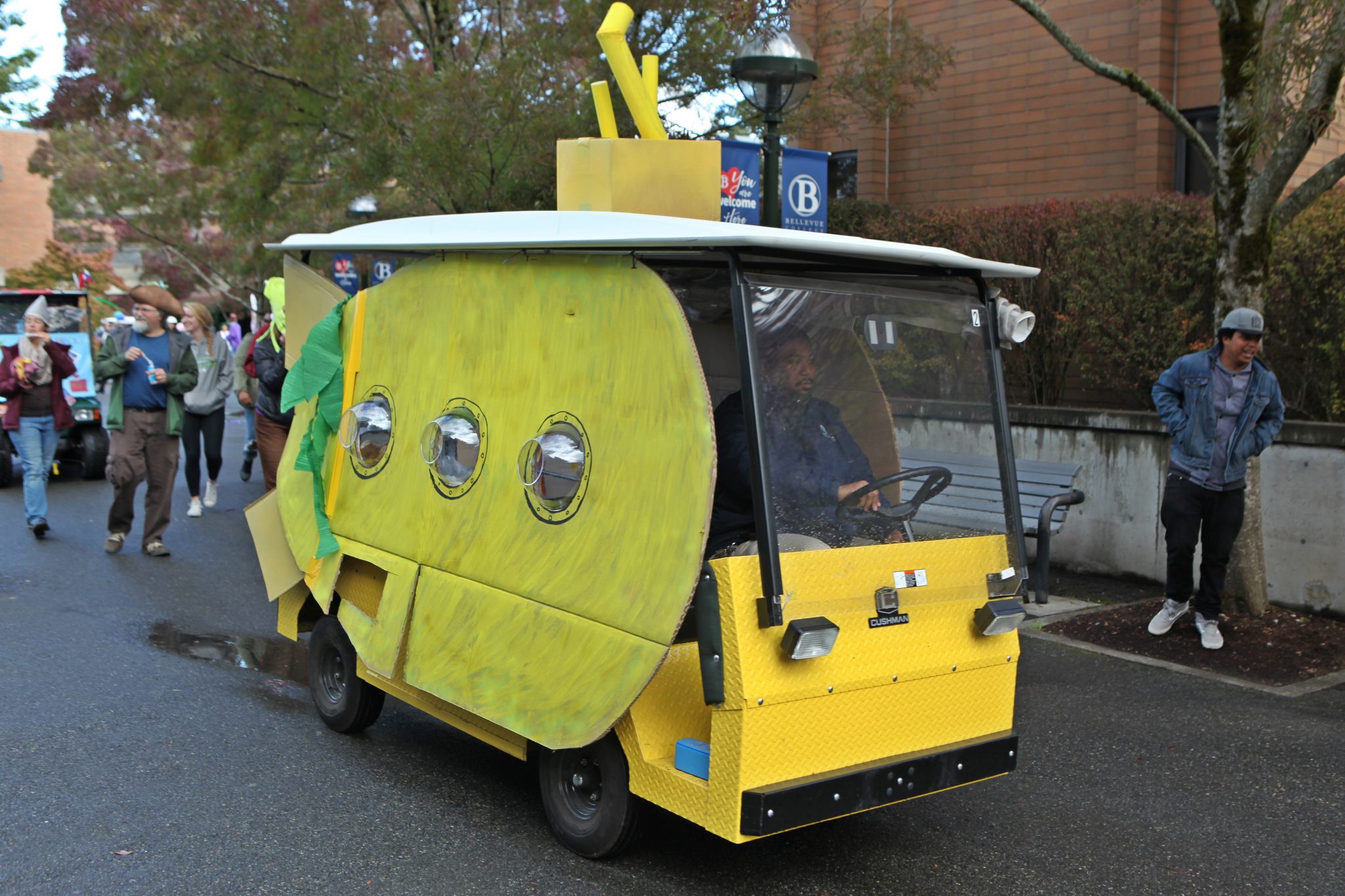 Golf cart decorated as a Yellow Submarine, as in The Beatles song