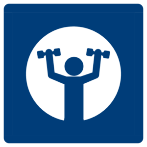 Graphic of human figure doing shoulder press with dumbbells.