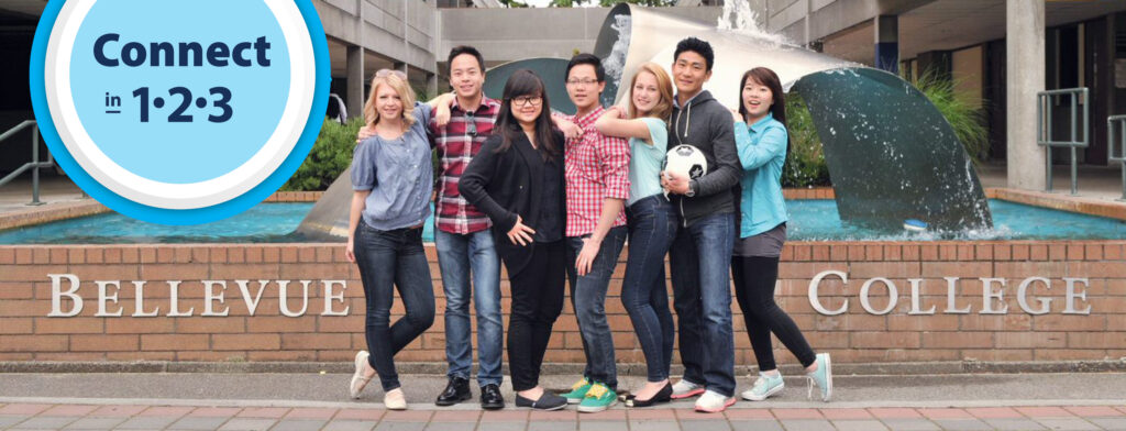 students near fountain