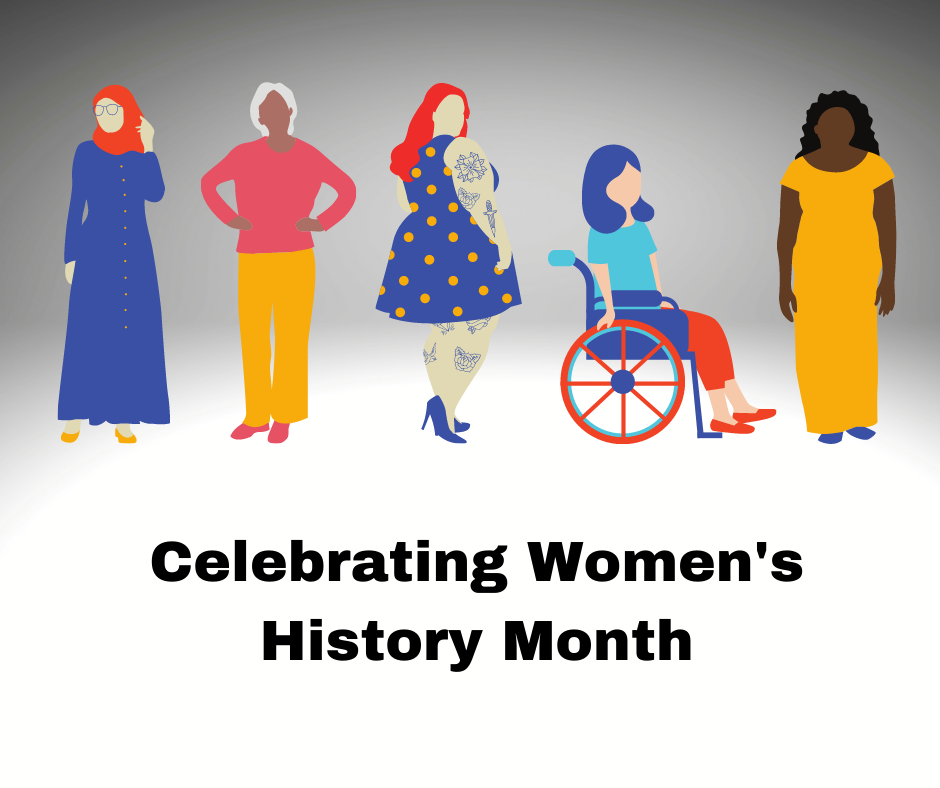 Image with 5 women for Celebrating Women's History Month. The five women are of different colors, abilities, religions, and ages.