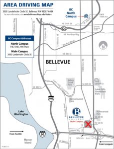 Bellevue Major Roads Map with BC Marked in Red X