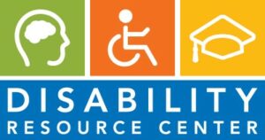 Three images side by side of an outline of a head showing a brain, a person in a wheelchair, and a graduation cap (the DRC logo) with the words "Disability Resource Center" underneath