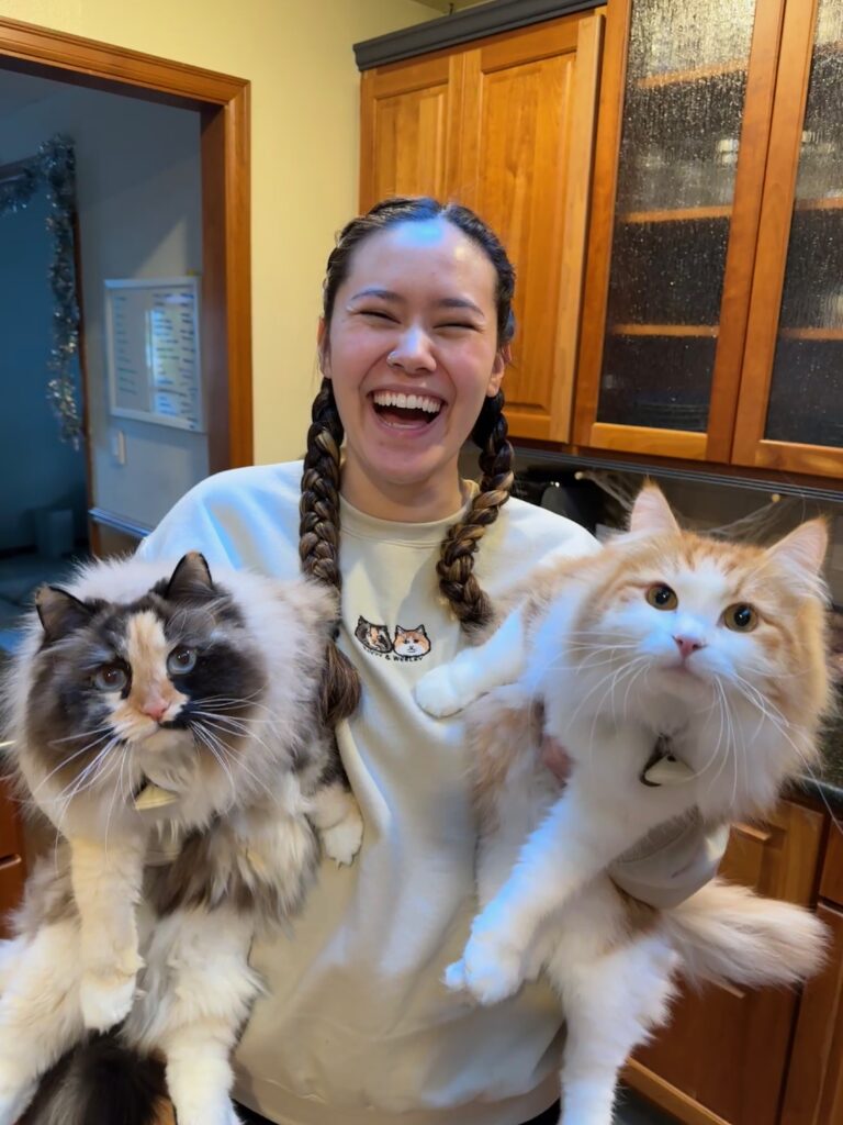 Asian American woman with long brown braided hair laughing while holding two very fluffy cats, one tan and brown with blue eyes and one orange and white with yellow eyes.