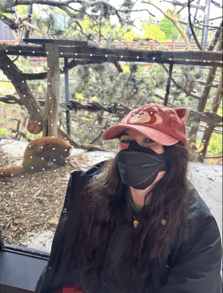Access Specialist Paige sits in front of Carson the red panda wearing a red panda hat covering her long brown hair, black mask and a black raincoat. 