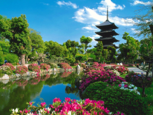 Pagoda in Flower Garden in Japan