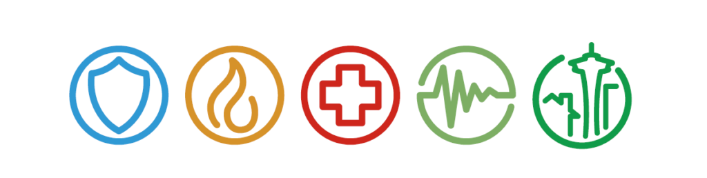 Multi colored icons indicating Seattle, police, fire, medical and heartbeat