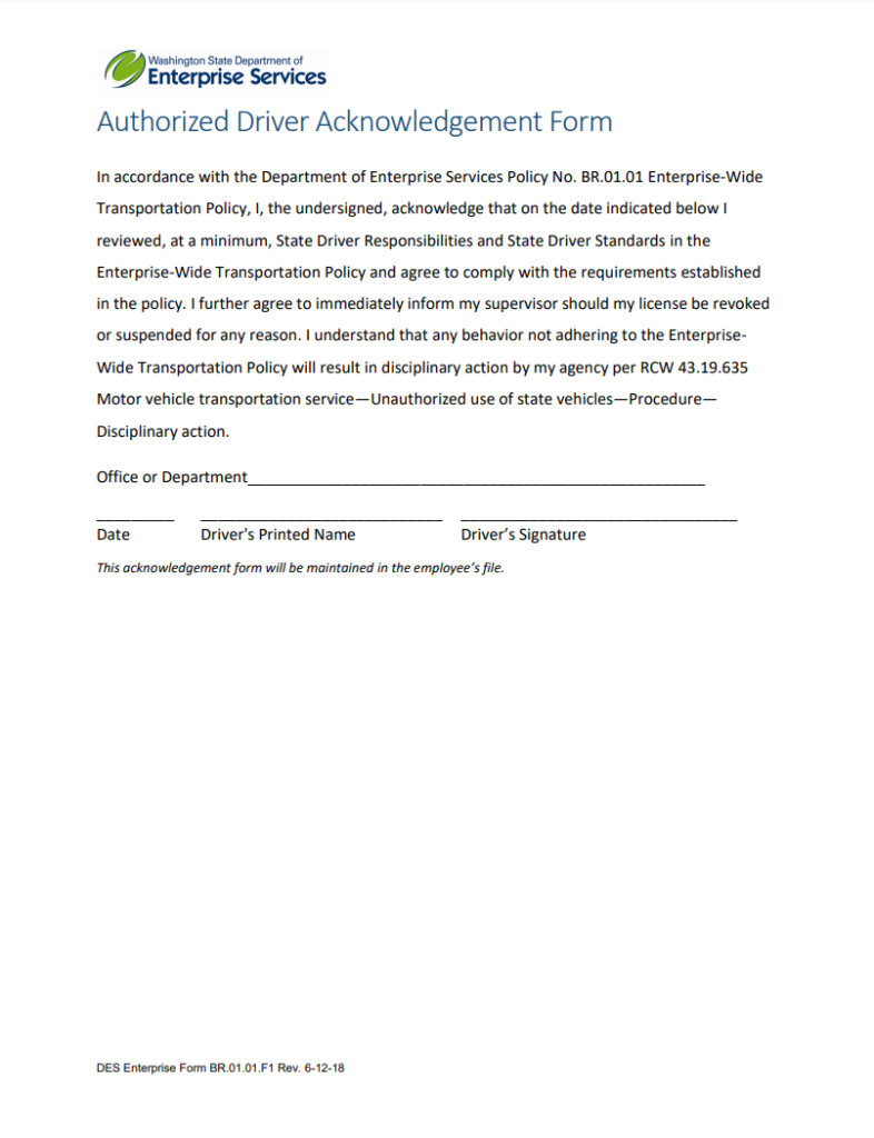 Authorized Driver Acknowledgement Form