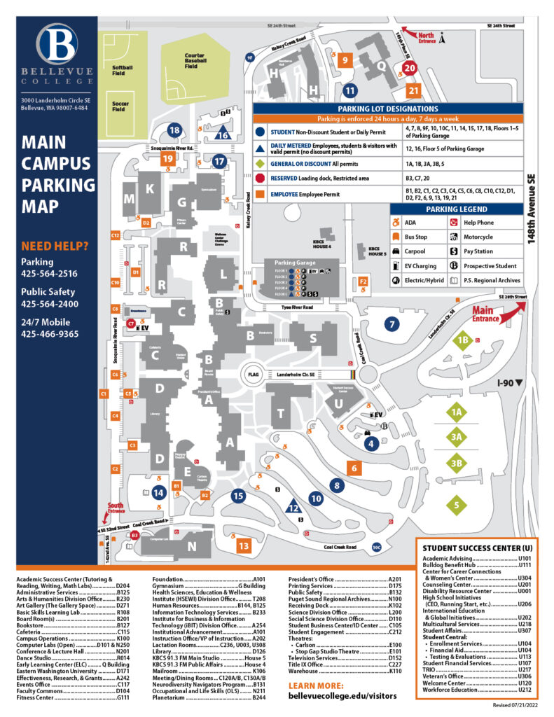 Map of all Parking lots and adjacent buildings at Bellevue College Current as of 2022