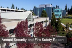 Aerial photo of the L building. White text reads Annual Security and Fire Safety Report
