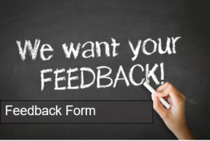 Chalk board background with text reading "We want your feedback" and "Feedback Form"