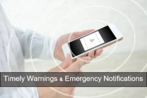 Photo of hands holding a cellphone text reads Timely-Warnings-and-Emergency-Notifications