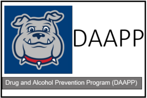 Blue BC Cartoon Bulldog White text reads Drug and Alcohol Prevention Program (DAAPP) Black Text reads DAAPP