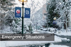 BC campus in snow. White text reads Emergency Situations.