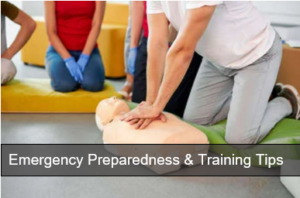 CPR class picture; White text reads: Emergency Preparedness and Training Tips