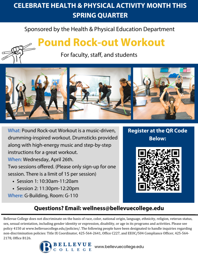 What: Pound Rock-out Workout is a music-driven, drumming-inspired workout. Drumsticks provided along with high-energy music and step-by-step instructions for a great workout.
When: Wednesday, April 26th. 
Two sessions offered. (Please only sign-up for one session. There is a limit of 15 per session)
Session 1: 10:30am-11:20am
Session 2: 11:30pm-12:20pm
Where: G-Building, Room: G-110 