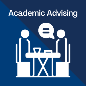 Academic Advising written on blue background with a silhouette of two people talking at a table below the words.