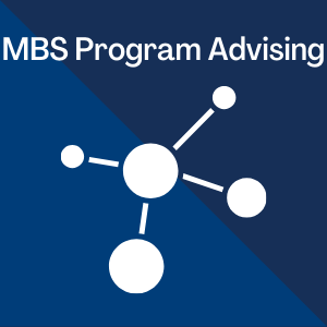 Molecular Biosciences BAS Program Advising written on blue background with a molecular structure symbol below the words.