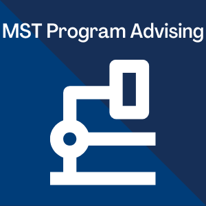 Molecular Sciences Technician AAS-T Program Advising written over blue background with a silhouette of a microscope on it.