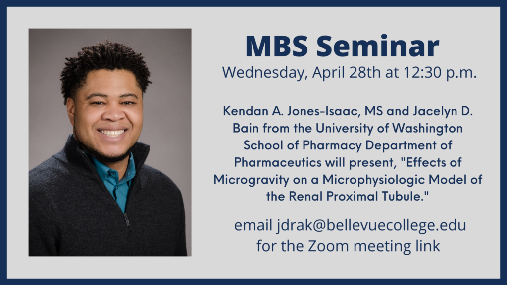 MBS Seminar on Wednesday, April 28th at 12:30 p.m. Kendan A. Jones-Isaac, MS and Jacelyn D. Bain from the University of Washington School of Pharmacy Department of Pharmaceutics will present, "Effects of Microgravity on a Microphysiologic Model of the Renal Proximal Tubule." email jdrak@bellevuecollege.edu for the Zoom meeting link