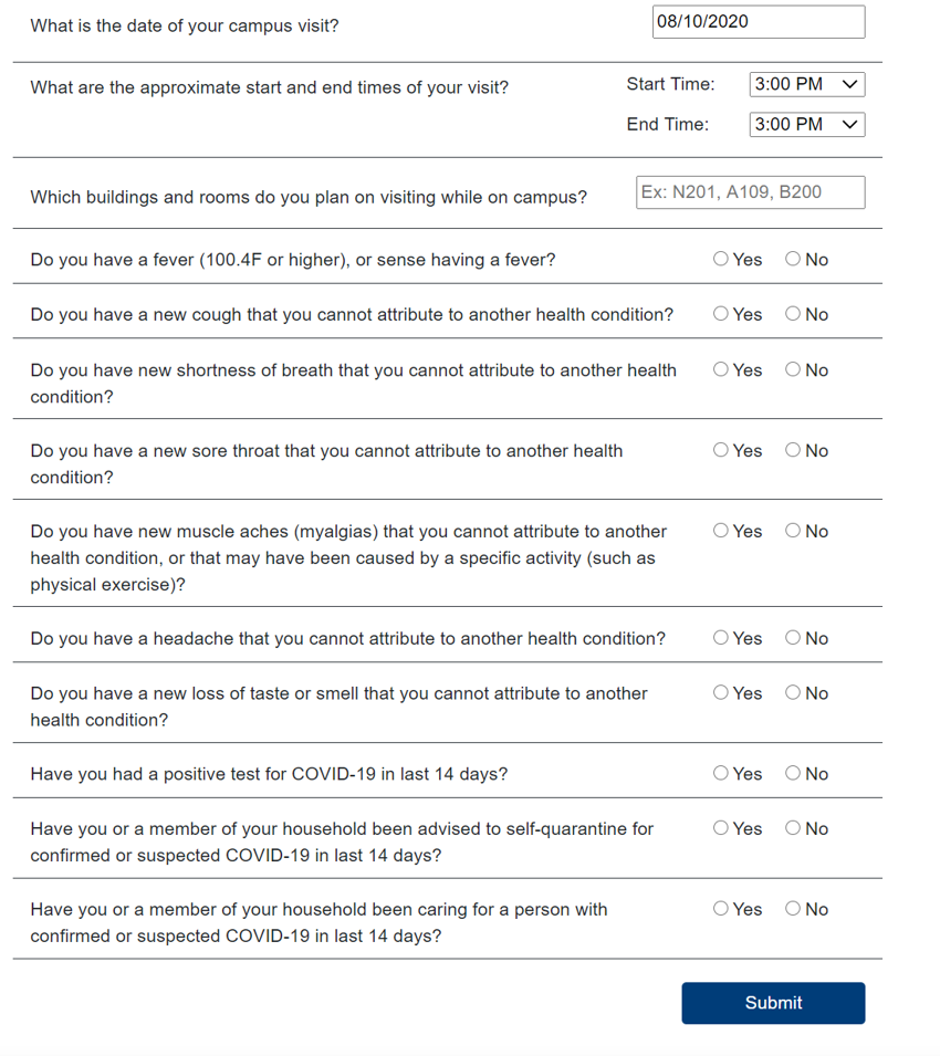 Example from the website of the questions from the health assessment