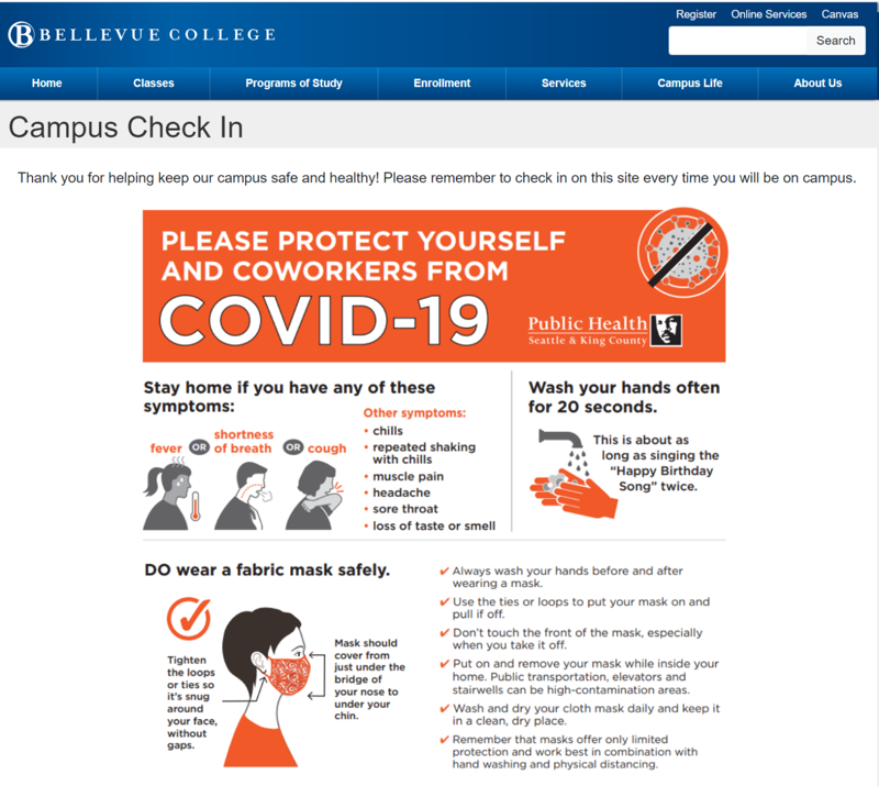 Example from the website of the Campus Check in Main Page Covid-19 Public Health informational sheet