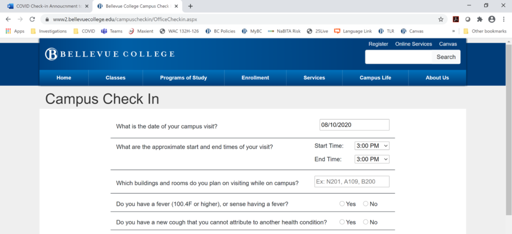 Example from the website of the questions from the health assessment