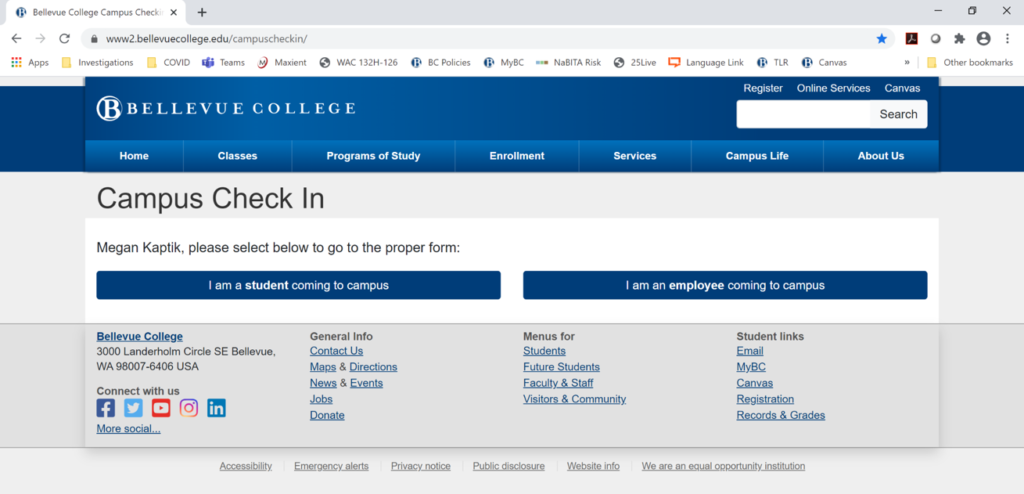 Example from the website of the Campus Check in Main Page