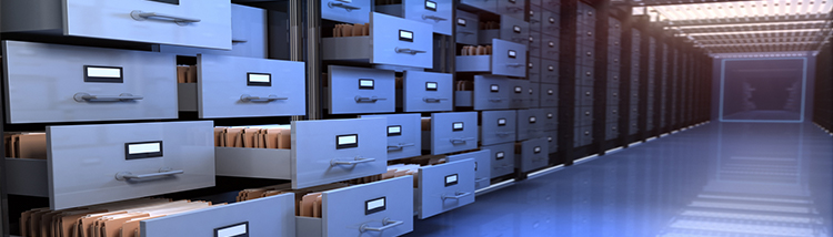 Blue tone picture of file cabinets down a hall