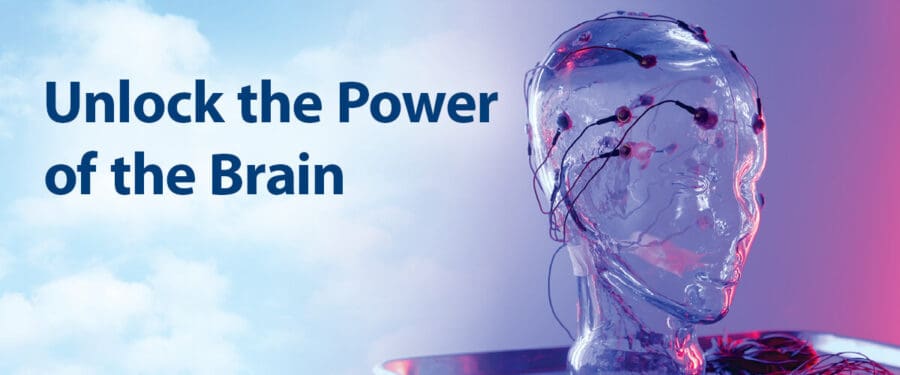 Photo of clear head with electrodes attached with phrase 'unlock the power of the brain'