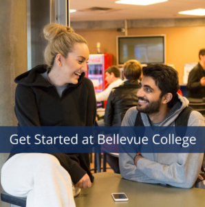 Two students leaned over the countertop smiling in the BC coffee shop. Text reads Get Started at Bellevue College