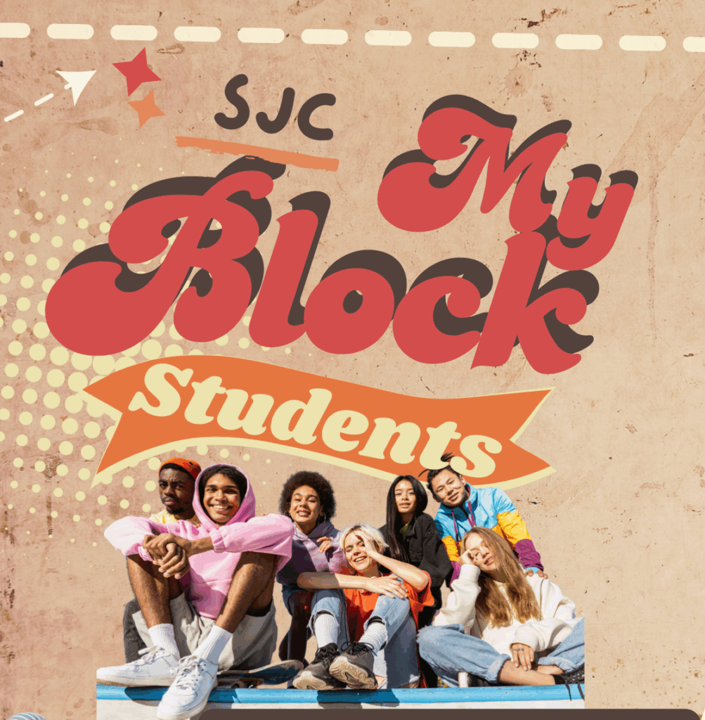 Digital My Block flyer showing a group of random students.