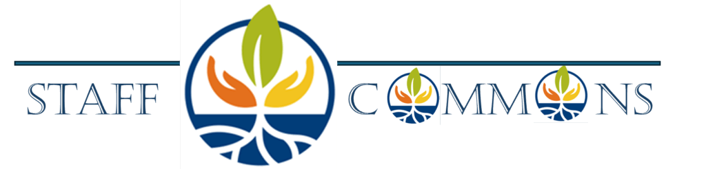 Social Justice Center Logo, the word "Staff Commons" in various colors.