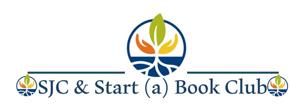 Social Justice Center Logo, the words "SJC & start (a) Book Club" in various colors.