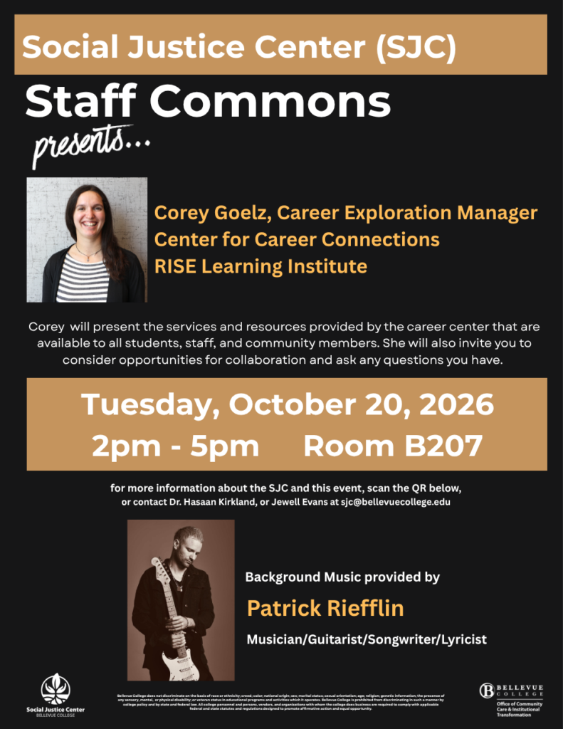 Flyer of Staff Commons program with speaker and musician holding a guitar.  