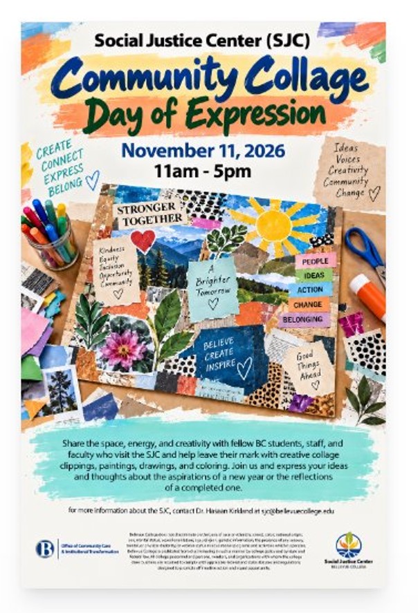 Community Collage flyer shown with colors, pens, and shapes. 
