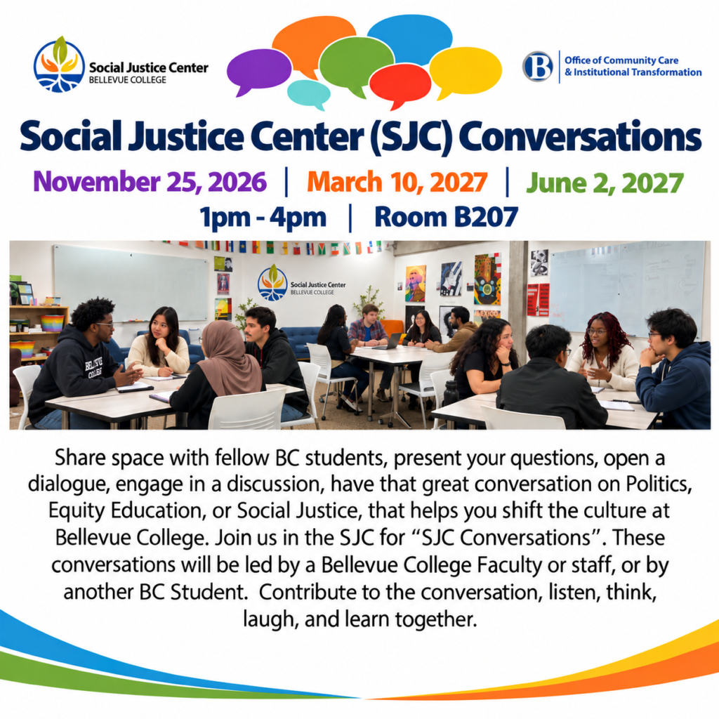 SJC Conversations flyer showing students sitting at tables in conversation. 