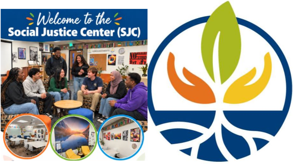 "A welcome photo of students, inside the social justice center, next to the social justice center logo."
