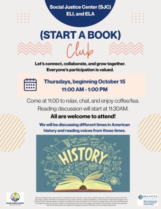 Start a book club flyer with time and date showing a book opened with pages and the word history above it. 